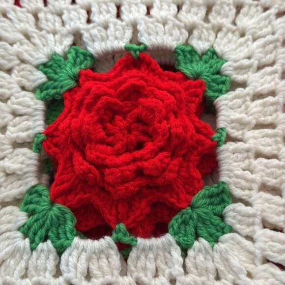 Hand Knitted Blanket 88” x 70” Red Roses Red and White - Picture 8 of 10